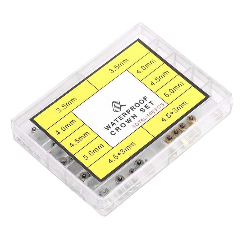 腕時計 修理用 リューズ 竜頭 交換用 メンテナンス 10種 アソートセット ボックス入り 銅製 真鍮製 金色 銀色