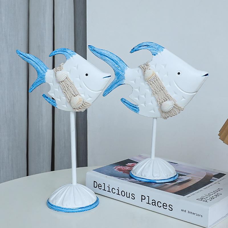 オブジェ 地中海スタイル 青白 木製 魚ペア インテリア 置物 卓上飾り 新居祝い 結婚祝い 誕生日プレゼント 引っ越し祝い ギフト かわいい 写真撮影小物 ホームインテリア リビング 玄関 モダン