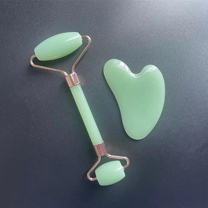 美顔ローラー ジェイド 天然石 フェイス マッサージ ダブルヘッド 金属製 ハンド 美容 スキンケア 小顔 リフトアップ むくみ解消 カッサプレート セット ツ...