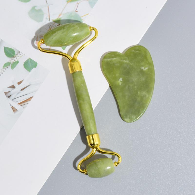 楽天花りぼんかっさ 岫玉 厚手 ダブルヘッド 美顔スティック マッサージ棒 フェイスケア 顔 目元用 と かっさ板 かっさ棒 ボディケア 身体用 スキンケア セルフエステ リラックス 天然石 セット（x2）