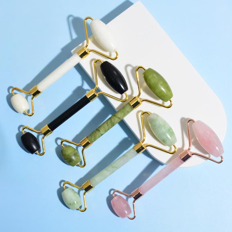 美顔ローラー 岫岩玉 天然石 ダブルヘッド フェイスケア 目元ケア 小顔 リフトアップ たるみ むくみ改..