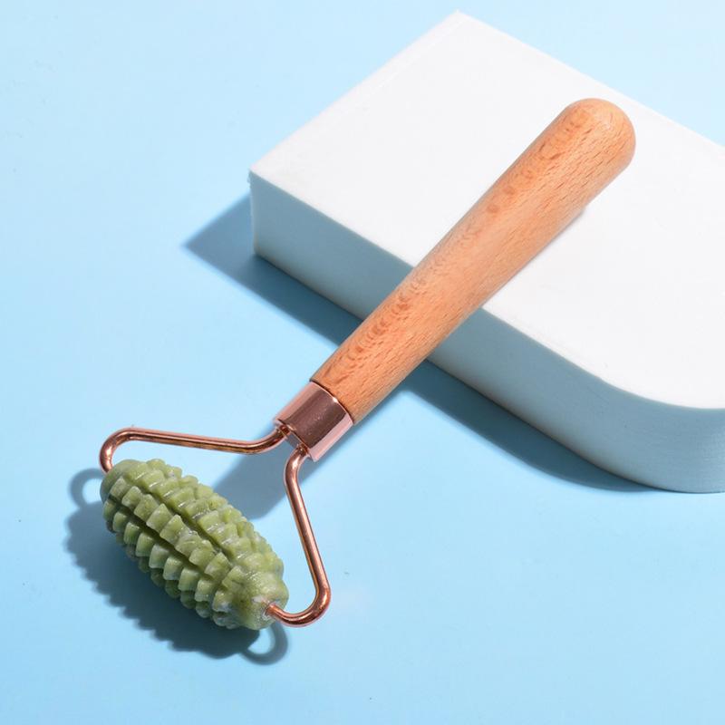 楽天花りぼん美顔ローラー 緑鳳玉 翡翠 グリーン 天然石 マッサージャー ブナ材 ハンドヘルド フェイスケア ボディケア スキンケア（x2）