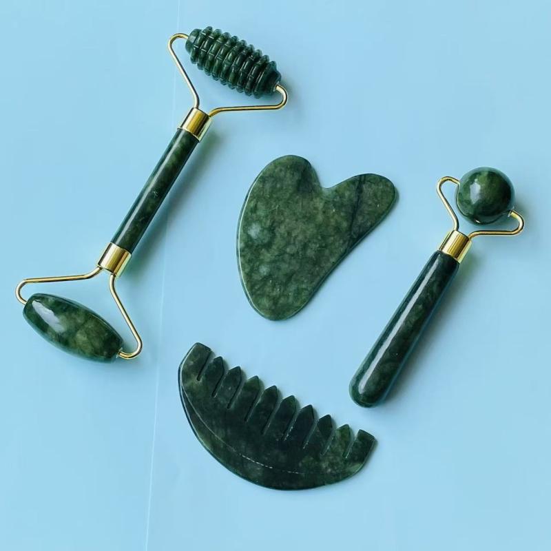 マッサージ器 刮沙板 かっさ マッサージローラー コーム 櫛 ジェード 岫岩玉 4点セット フェイス スキ..