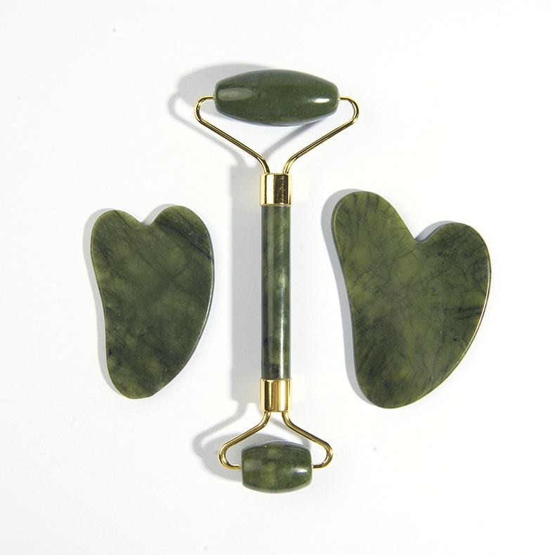 楽天花りぼんかっさ 美顔ローラー 天然石 玉石 牛角 かっさプレート フェイスケア マッサージ リフトアップ 小顔効果 血行促進 むくみ解消 スキンケア エステ 自宅用 深緑 ハート型 セット プレゼント