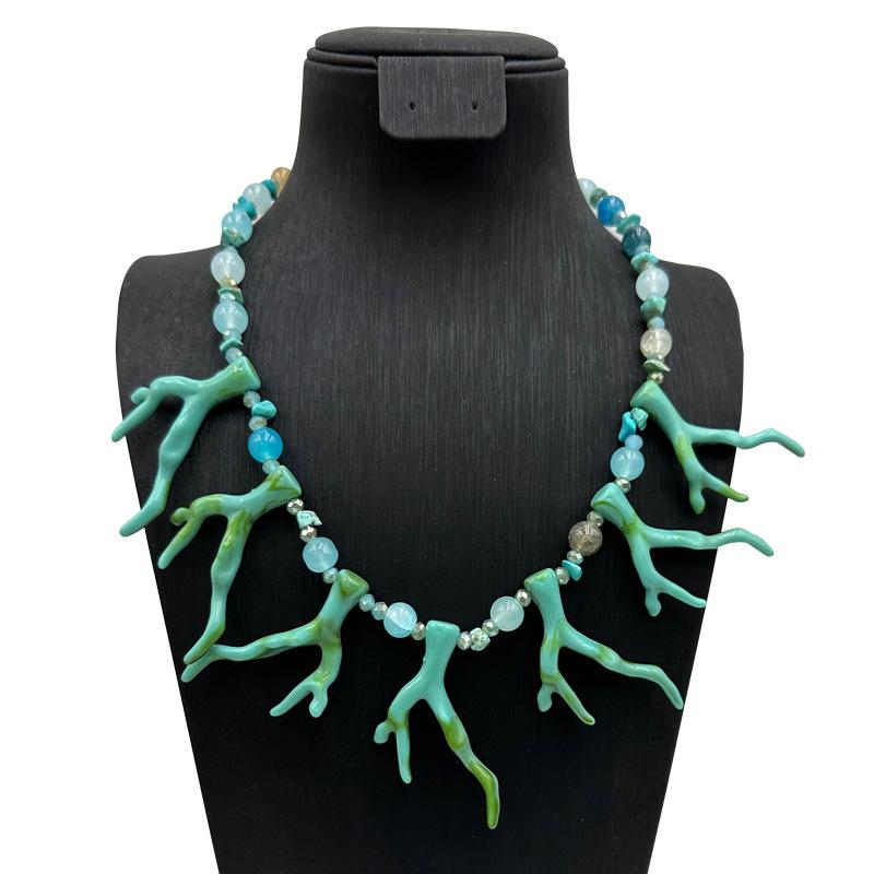ネックレス レディース 春夏 ブルー サンゴ枝 アシンメトリーデザイン 個性派 おしゃれ トレンド デイリー アクセサリー 樹脂製 ハンドメイド(x2)