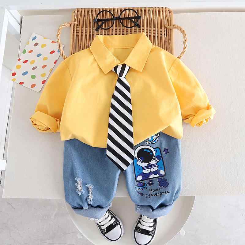 ベビー服 男の子 セットアップ ネクタイ クマ 襟付きシャツ 長袖 長ズボン 上下セット 春秋 綿 コット..