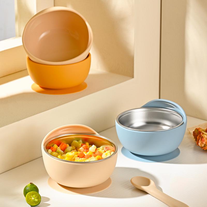 ベビー食器 キッズ モランディカラー シリコン製 カタツムリ型 ボウル ステンレスインナー 吸盤付き 落..