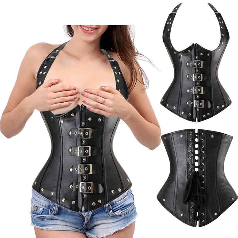 コルセット レディース 宮廷風 ゴシック パンク ホルターネック フェイクレザー スチールボーン 補正下着 ウエストシェイパー バストアップ レッド ブラック ...