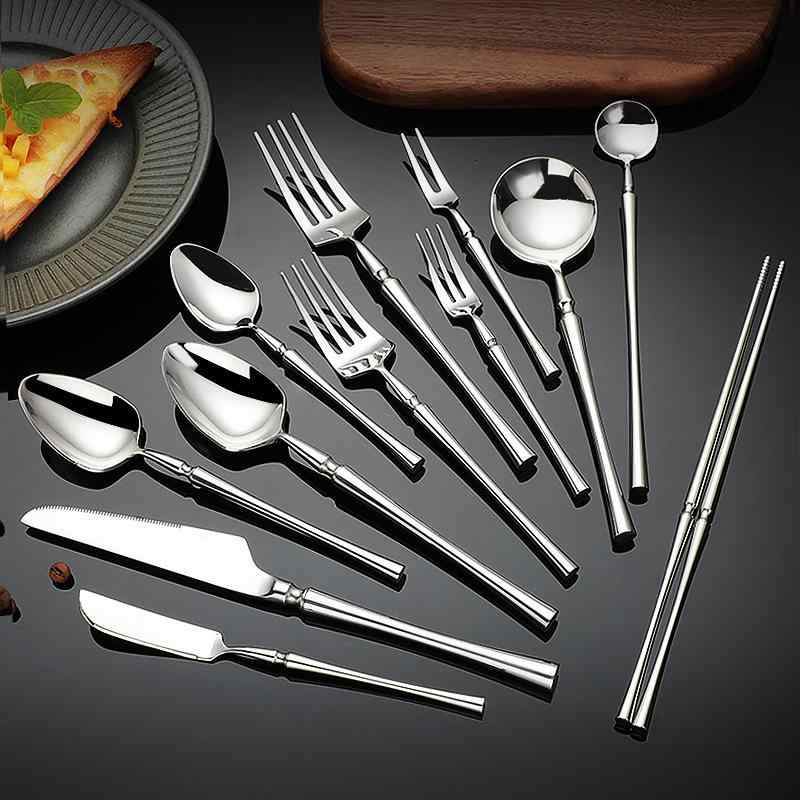 カトラリー 304ステンレス製 洋食器セット ナイフ フォーク スプーン 厚口 鏡面仕上げ くびれ曲線 スタ..