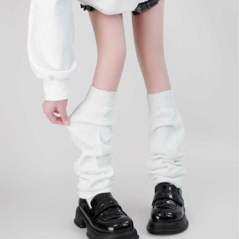 ルーズソックス 女性用 秋冬 ニット 無地 保温 防寒 アクリル ミドル丈 Y2K JKスタイル ギャル カジュアル レッグウォーマー 白 オフホワイト