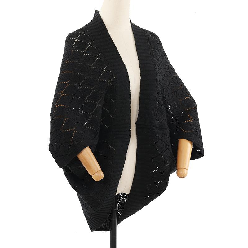 ショール レディース チャイナ風 透かし編み ニット カーディガン ポンチョ 袖口付き オーバーサイズ ..