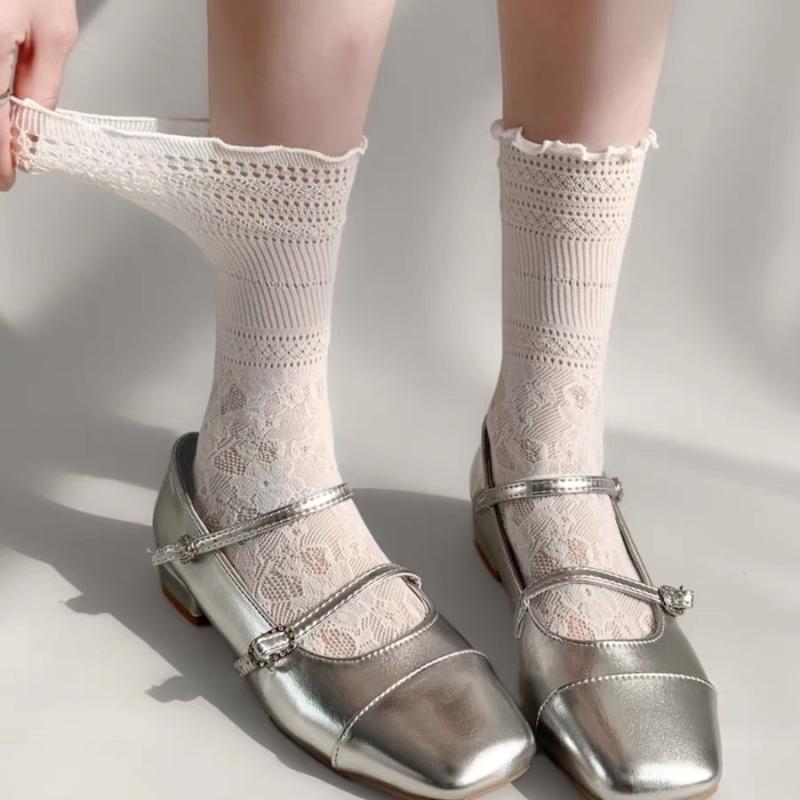 ソックス レディース ミドル丈 レース フリル メッシュ シアー くしゅくしゅ ルーズソックス 薄手 吸湿..