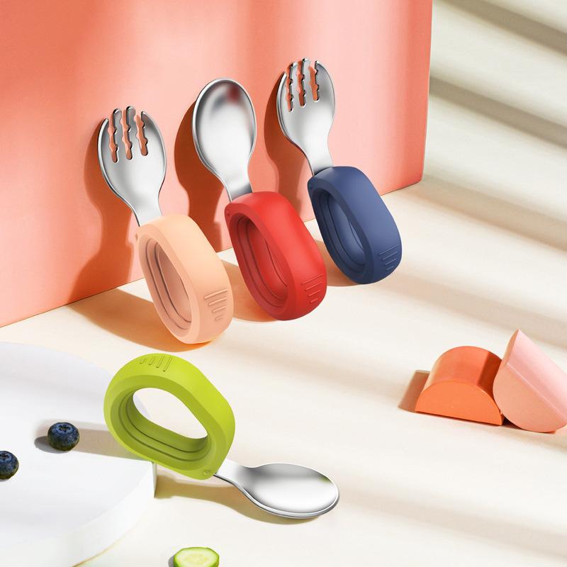 食器 ベビー キッズ 幼児向け シリコン ステンレス トレーニング スプーン フォーク 短柄 離乳食 食事..