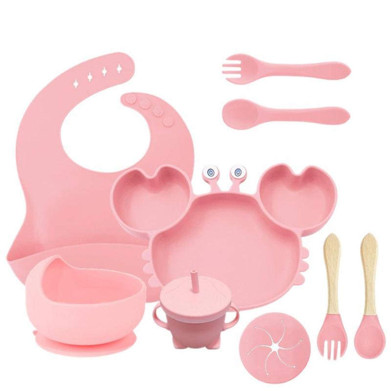 ベビー キッズ 食器セット かわいい カニ型 9点セット シリコン製 スタイ 離乳食ボウル プレート フォ..