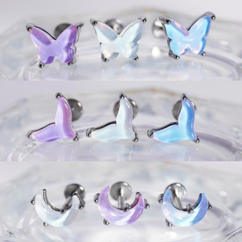 ボディピアス 男女兼用 クリスタルストーン フィッシュテール 蝶 ムーン 内ネジ式 サージカルステンレ..