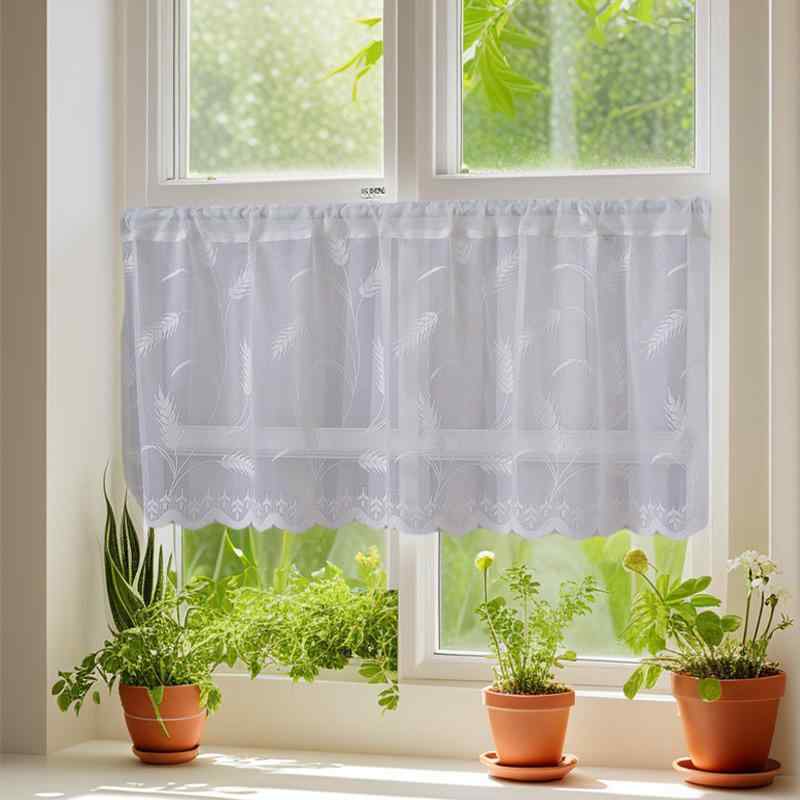 カフェカーテン レース ホワイト ショート丈 突っ張り式 穴あけ不要 キッチン 洗面台 玄関 間仕切り 目隠し 棚 キャビネット ボタニカル 麦の穂柄 小窓用 おしゃれ かわいい リビング