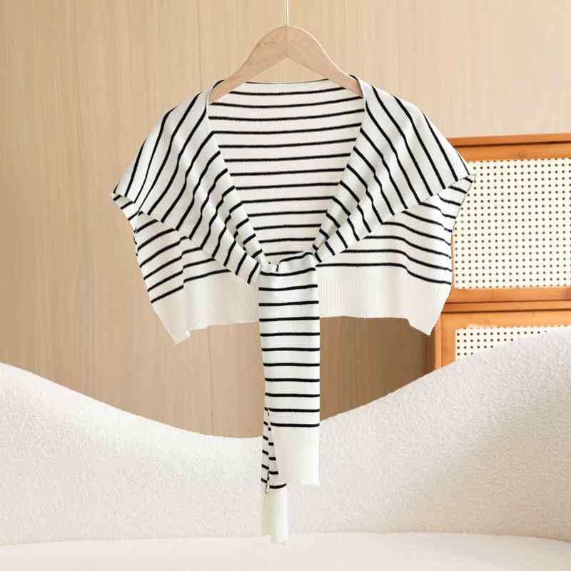 ショール ニット ストライプ柄 レトロ スクール風 付け襟風 ショートベスト 肩掛け ネックカバー 秋冬 ..