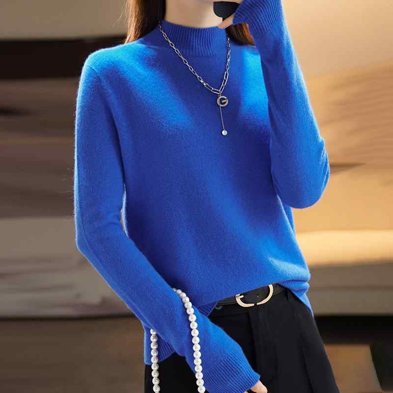 ニット レディース 女性用 ピュアウール カシミヤブレンド モックネック 長袖 プルオーバー ゆったり ..