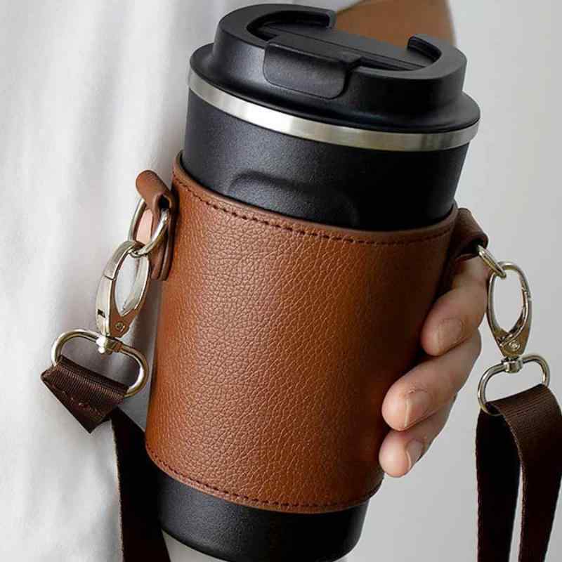 楽天花りぼんドリンクホルダー PUレザー 合成皮革 ワンショルダー 斜めがけ ボトルカバー 学生 通学 通勤 普段使い 携帯用 アウトドア レジャー コーヒー ミルクティー ブラック ダークブラウン（x200）