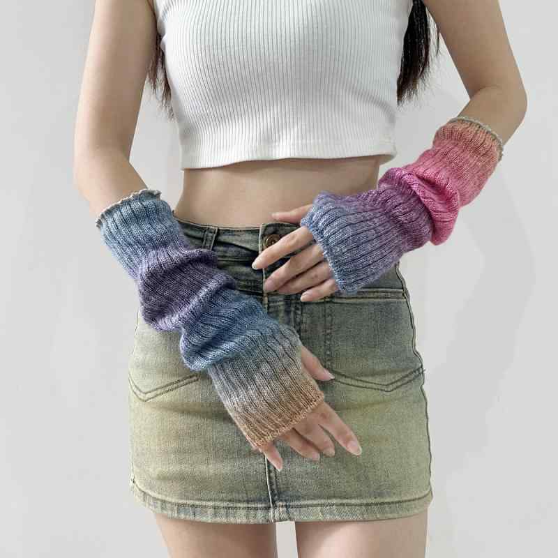 アームウォーマー 手袋 グラデーション レインボーカラー ウール アクリル ニット 厚手 保温 あったか ..