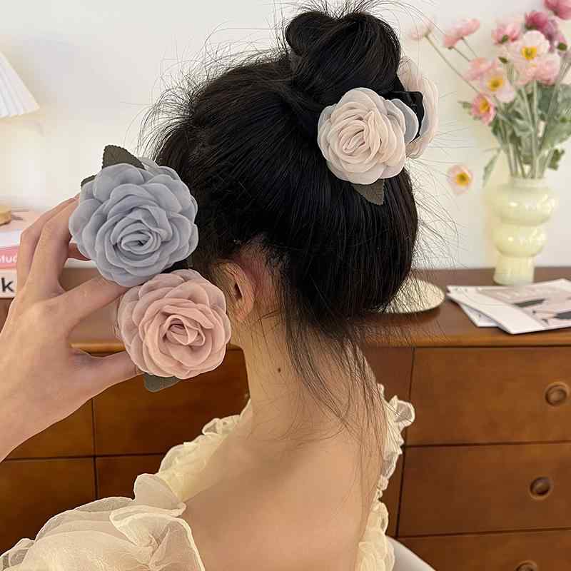 ヘアクリップ レディース 女性用 立体 オーガンジー 薔薇 バンスクリップ 髪留め 髪飾り まとめ髪 アッ..