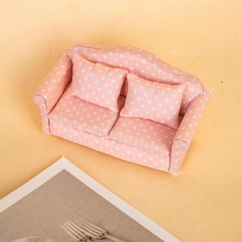 ドールハウス家具 1:12スケール ミニチュア リビング ソファセット かわいい 水玉模様 バーチ材 木製 ..