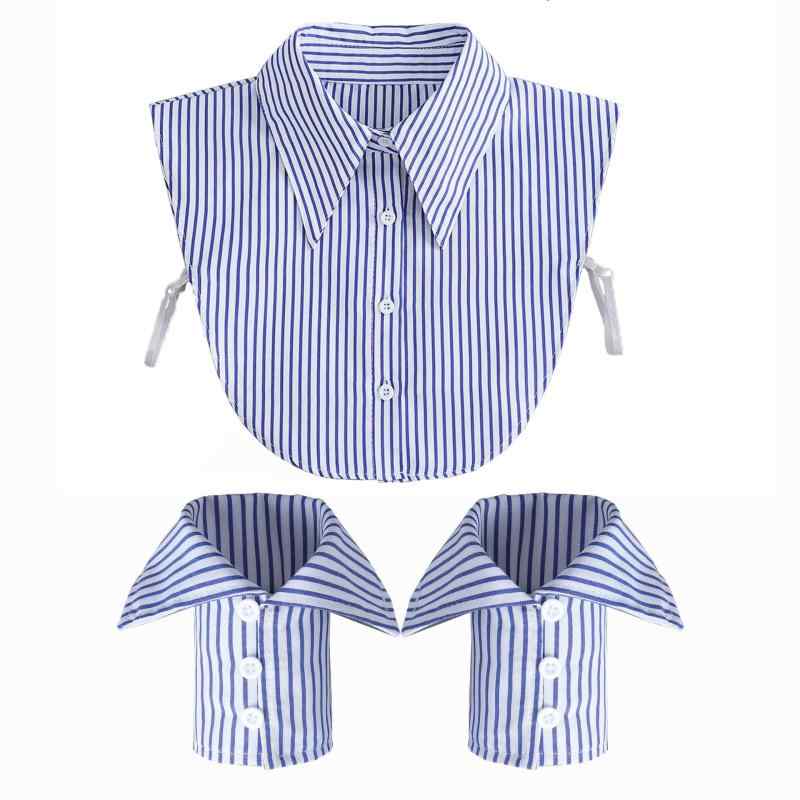 つけ襟 カフス セット レディース 青 白 ストライプ 綿 コットン ポインテッドカラー ワイドカラー オ..