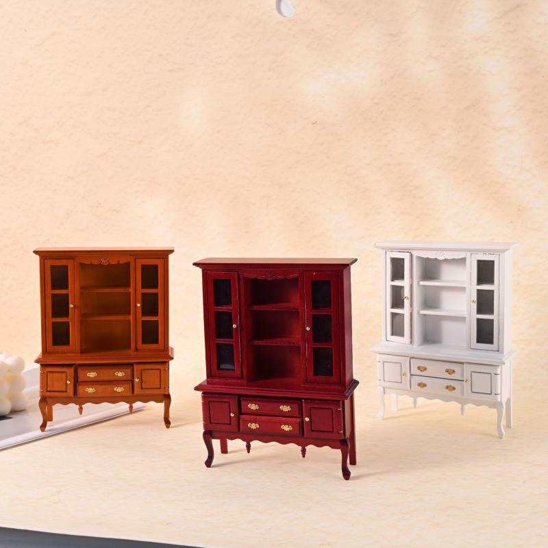 ミニチュア家具 1/12スケール ドールハウス用 レトロ アンティーク調 樺木製 本棚 書棚 キャビネット 置物 オブジェ ディスプレイ 多色展開