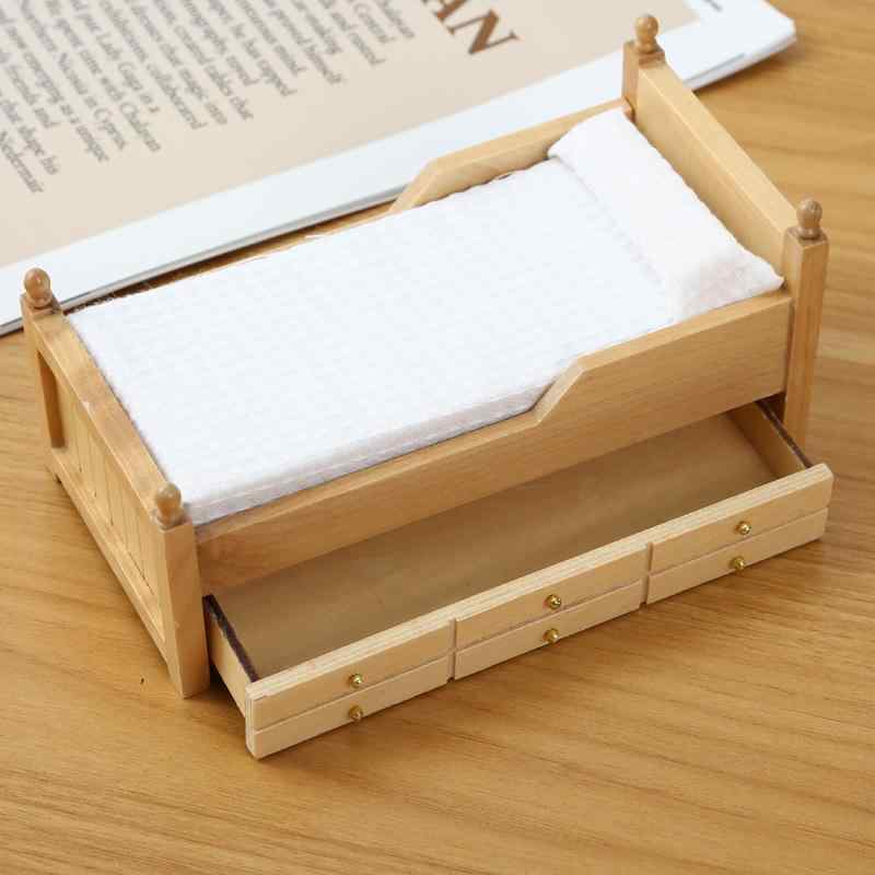 ミニチュア家具 1/12スケール ドールハウス用 OB11対応 引き出し付き 一段ベッド 木製調 カントリー風 リアル 寝具 ナチュラルウッド 小物 飾り