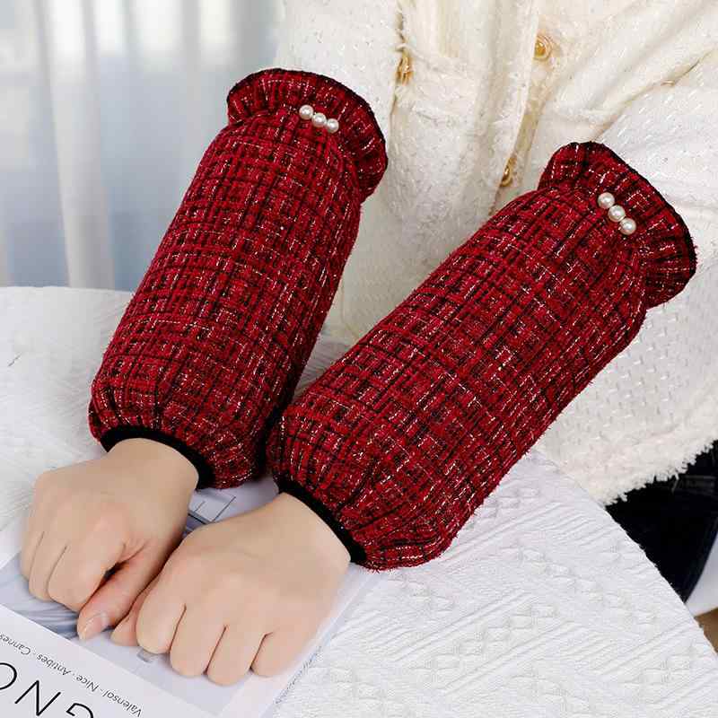 アームカバー レディース 高級感 上品 ツイード調 チェック柄 ビジュー装飾 ショート丈 ロング丈 防汚 防寒 秋冬 通勤 普段使い(4)