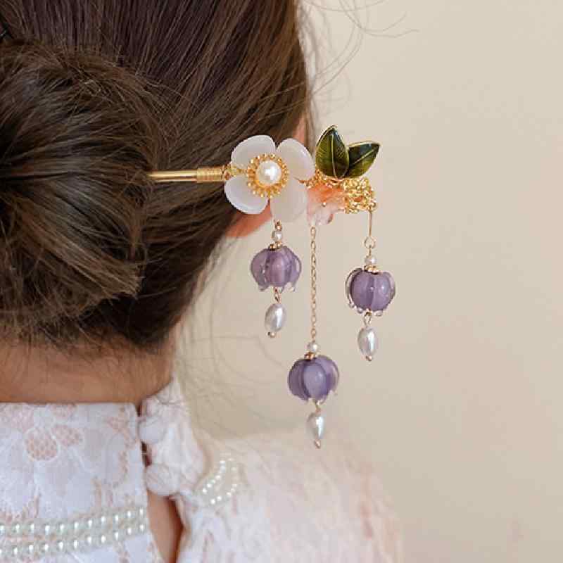 かんざし レディース パープル 瑠璃 ガラス フラワー タッセル 中国風 古風 レトロ 上品 エレガント 高級感 ヘアスティック お団子ヘア..
