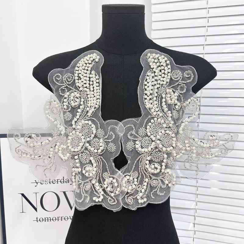 付け襟 レディース 欧米風 精緻 総刺繍 ビーズ パール 高級感 大型アップリケ ドレス ウェディング フォーマル ワンピース ブラウス 飾り(x2)