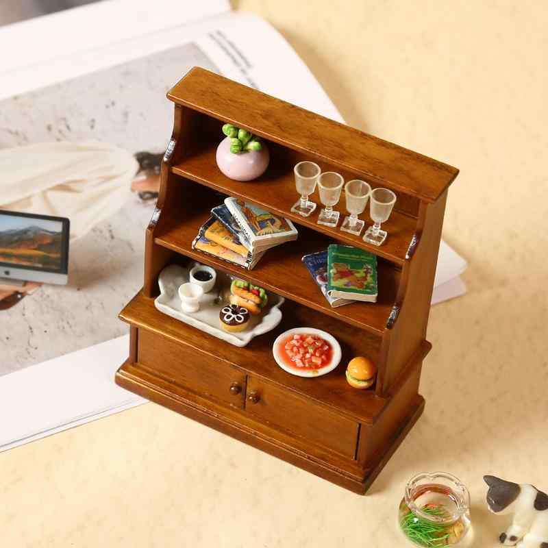 ミニチュア家具 1/12スケール ドールハウス ジオラマ コレクション ディスプレイ用 書斎 リビング 本棚 収納 キャビネット 飾り棚 シェルフ ウォールナット バーチ材