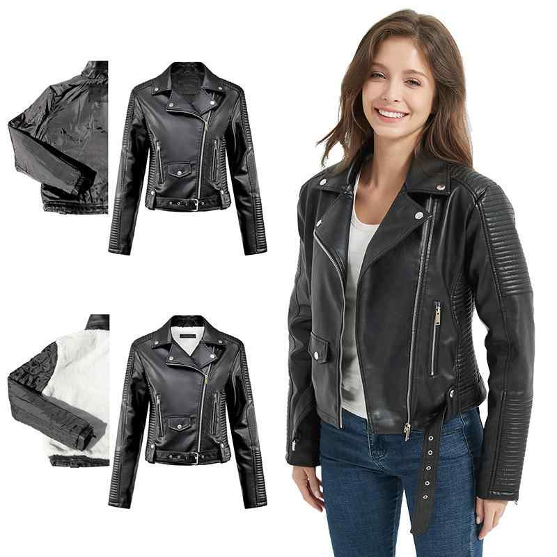 レザージャケット レディース 女性用 PUレザー 合皮 裏ボア 裏起毛 厚手 防寒 ショート丈 スリム タイ..