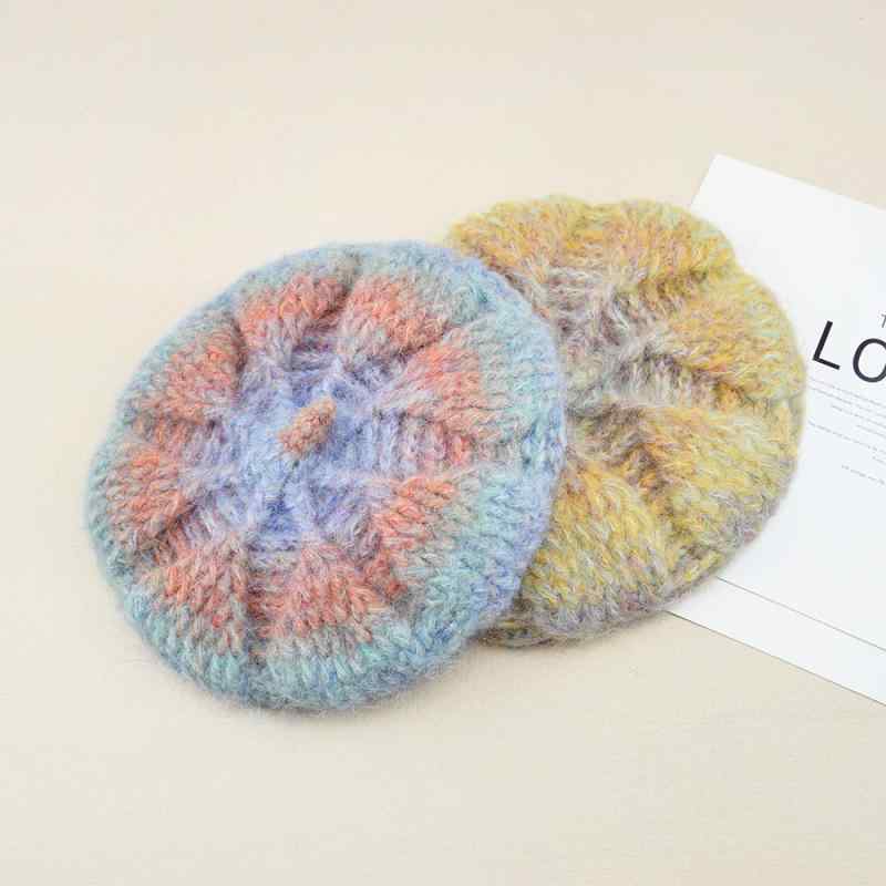 ニット帽 レディース 秋冬 ベレー帽 画家風 グラデーション ミックスカラーデザイン かわいい レトロ おしゃれ 文芸風 保温 防風 アクリルニット素材 お出かけ 普段使い