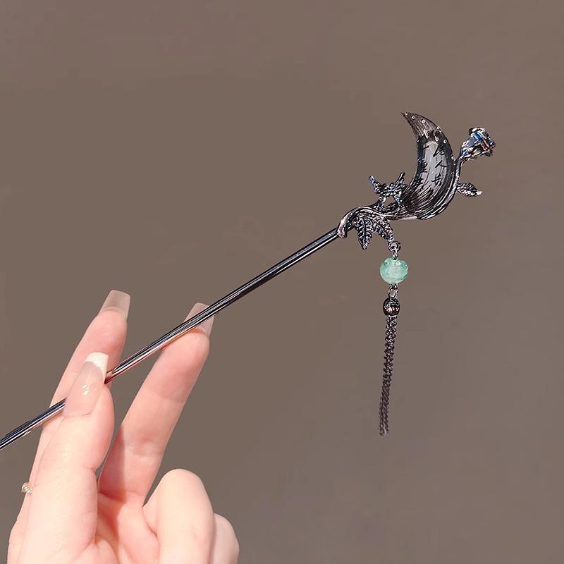 かんざし レディース 女性用 レトロ 新中国風 三日月 タッセル 薔薇 蝶 合金製 ヘアスティック 髪飾り ..