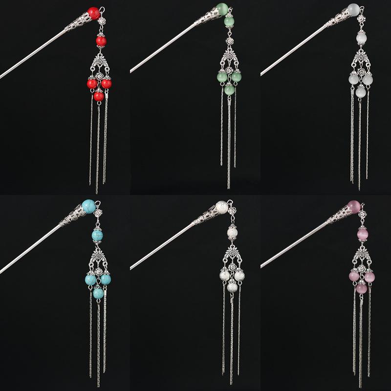 かんざし レディース 簪 髪飾り 手作り ハンドメイド オリジナルデザイン 古風 新中国風 民族風 ロング タッセル フリンジ 揺れる飾り 合金 猫目石風 和装小物 着物 浴衣 成人式 卒業式 結婚式 パーティー エレガント ヘアアクセサリー