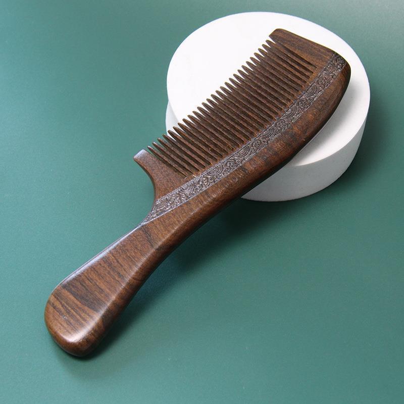 櫛 女性用 天然 緑檀香木製 高級感 地肌に優しい 両面 長柄 彫刻花柄 古典風 エレガントデザイン 静電..