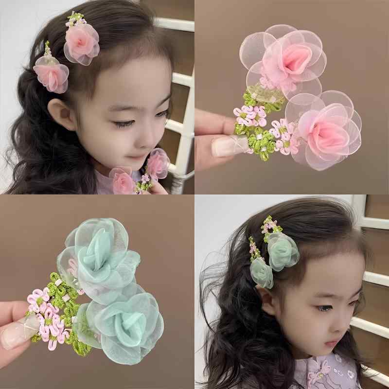 ヘアクリップ キッズ 女の子 ヘアアクセサリー 3対セット 花モチーフ シフォン レース かわいい 前髪クリップ サイドクリップ 髪留め 髪飾り 韓国風