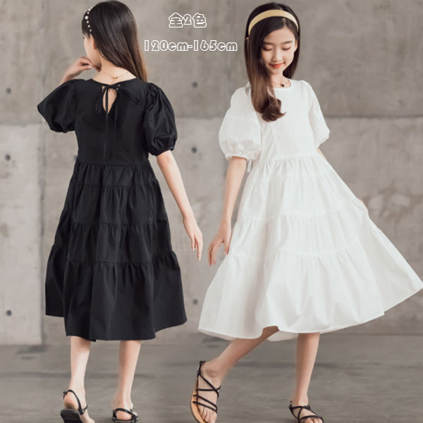韓国子供服 夏 女の子 ワンピース ブラック ホワイト ロング丈 ワンピー 夏ワンピ 半袖 ミドル丈 キッ..