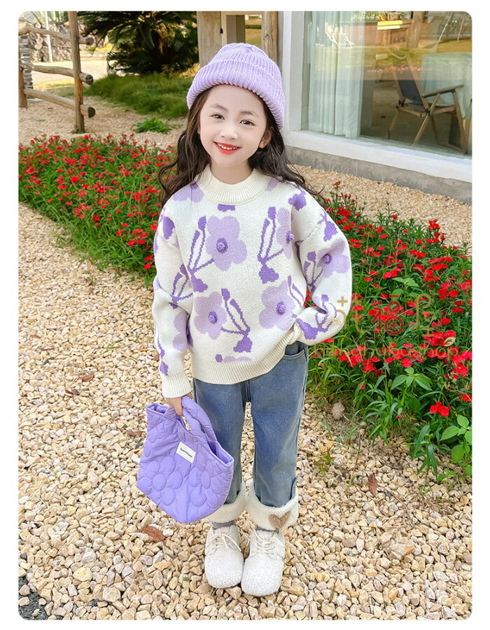 子供服 女の子 紫 花柄 セーター オシャレ 可愛い 暖かい セーター 普段着 通学着 キッズ 厚手 セーター 秋着 冬着 あたたかい トップス おしゃれ 花柄 セーター プレゼント 子ども服 子ども セーター 110 120 130 140 150 160