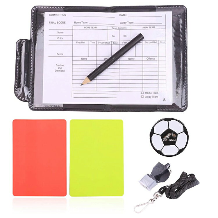 サッカーレフェリーセット 審判カード 赤と黄色のカード レコード紙 *5枚 鉛筆1本 トスコイン付き コーチホイッスル付き 警告カード レフリー小物 審判 小冊...