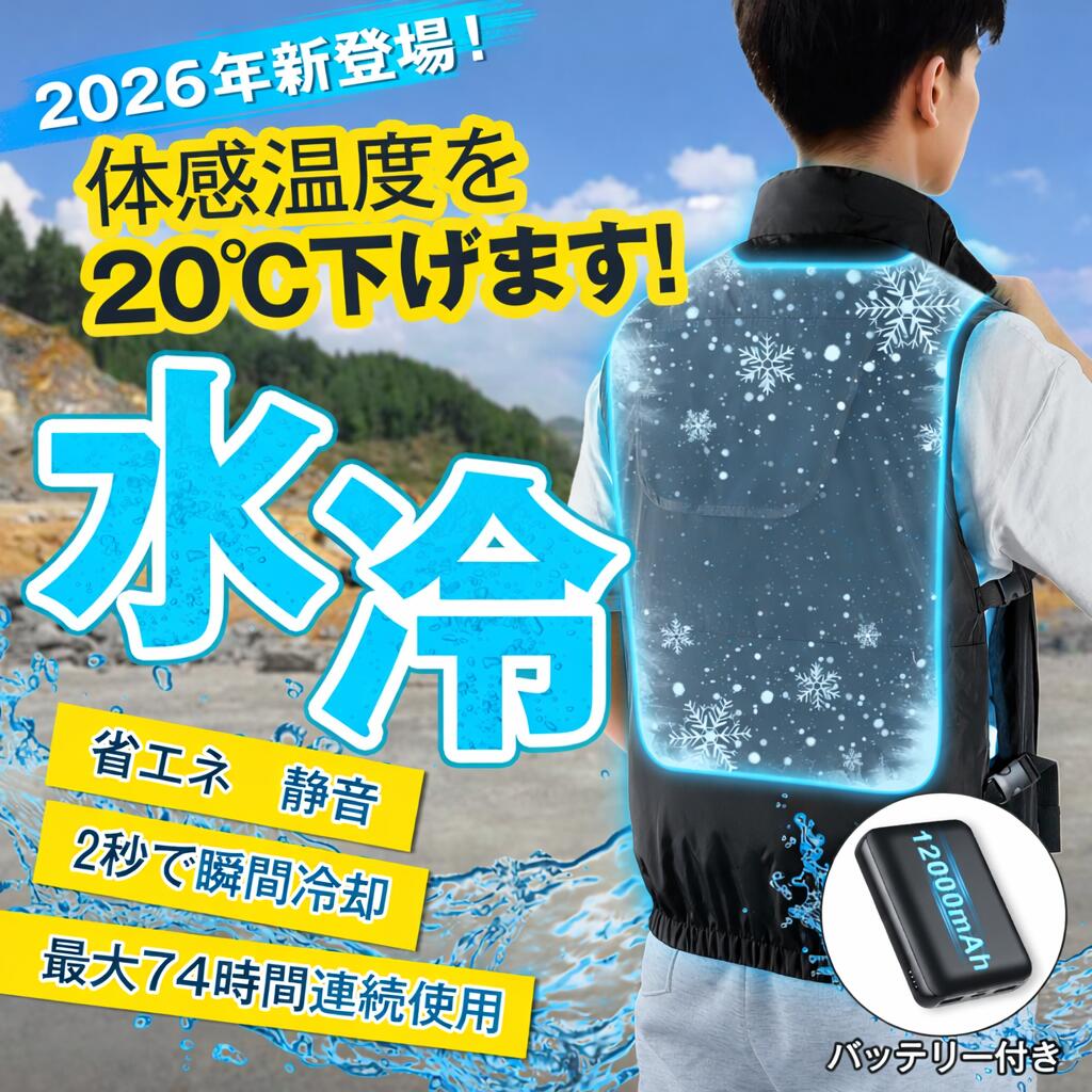 Sumeriy 水冷服 水冷ベスト 12000mAhバッテリー付き 冷却ベスト 瞬間冷却 超薄型 作業着 冷感 暑さ対策 熱中症対策 省エネ 静音 水冷式 洗濯可能 作業 工事現場