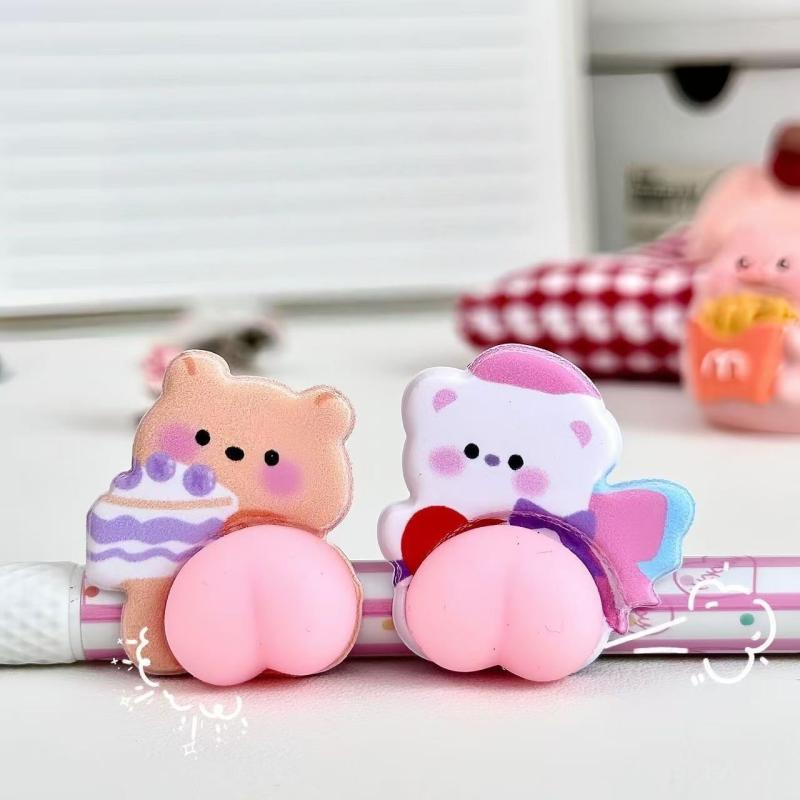 猫と熊 おしりぷにぷにシール、4枚入、3D 立体、ぷくぷく 柔らか、可愛い 癒し系ミニキャラ、うさぎ くま、手帳用 DIY用 装飾用、子供 女の子 大人用 hanamarushop-10069013 はなまるショップ サンプル画像2