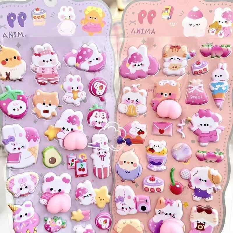 猫と熊 おしりぷにぷにシール、4枚入、3D 立体、ぷくぷく 柔らか、可愛い 癒し系ミニキャラ、うさぎ くま、手帳用 DIY用 装飾用、子供 女の子 大人用 hanamarushop-10069013 はなまるショップ サンプル画像3
