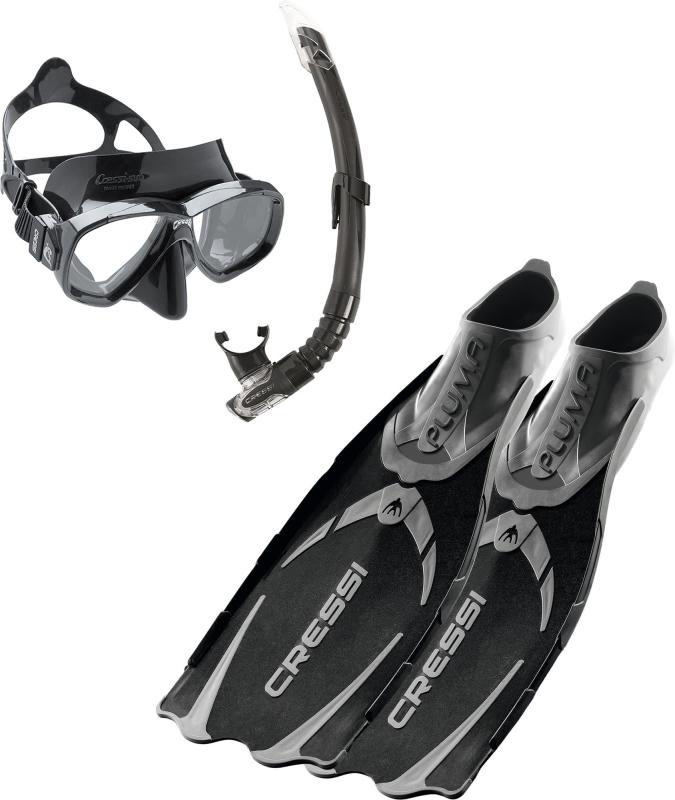 Four-Piece Set - CRESSI シュノーケリング 3点セット [ PLUMA BAG ] フルフットフィン 2眼レンズマスク スプラッシュガー付きシュノーケル ブラック 【正規品】