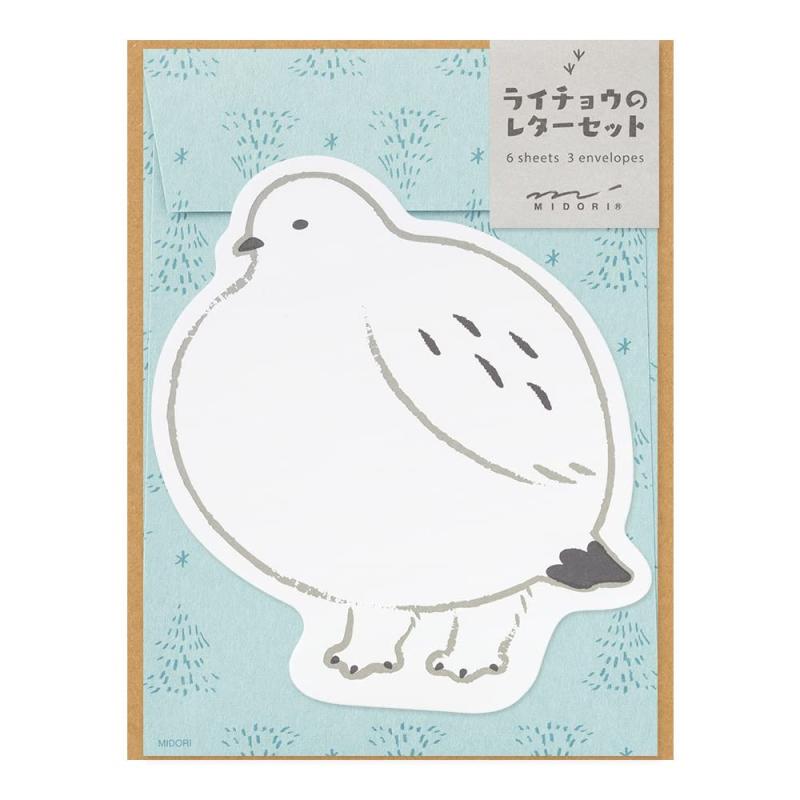 ミドリ(MIDORI） レターセット ダイカット ライチョウ柄 86925006動物の形にダイカットした便箋がかわいいレターセットです。動物の形に抜かれた便箋と、動物に合わせた優しいパターンの封筒のレターセットです。冬毛のライチョウを手描きタッチでデザインしました。少し太めの足がポイントです。【内容】便箋/6枚入 封筒/3枚入【サイズ】パッケージ/H156×W122×D5mm 便箋/H118〜145×W88 〜106mm 封筒/H150×W110mm
