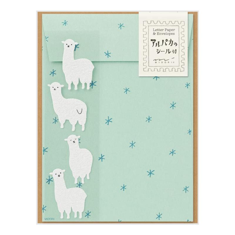 Notebooks, Paper Products - ミドリ レターセット シール付 便箋12枚 封筒4枚入 アルパカ柄B 86636006