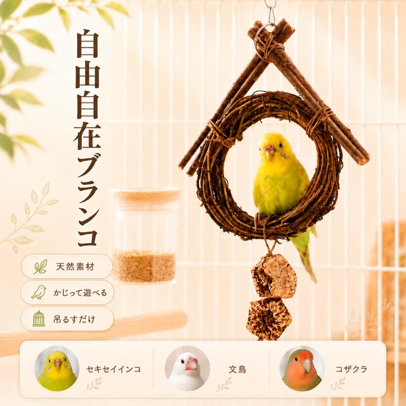安全素材 安全で環境にやさしい天然素材を採用されており、健康無害、オウムが遊ぶのに安心できます。 取り付け簡単 吊り下げタイプで、取付けも簡単、安定感が抜群で小鳥が揺らしても安心です。 ストレス発散 インコの好奇心と噛みたい欲求を満たし、噛んで、揺れ、遊んで、登りできて楽しいおもちゃです。揺れたりしてストレスを解消するのに適しています。 適応対象 オウム、セキセイインコ、文鳥などの中小型の鳥にお勧め。吊り下げデザインで邪魔にならず、小さめのゲージでも設置が可能です。 注意事項 ・記載寸法と実際の商品の寸法には、若干の誤差が生じる場合がございます。 ・パソコンのモニタにより、実際の色と異なって見える場合がございます。予めご了承の上ご注文ください。 ・発送方法について：お届け先、個数によって配送情報に記載の配送業者とは異なる場合がございます。日本郵便、ヤマト運輸または佐川急便などでお届けいたします（配送方法はご指定頂けません）。■吊り下げ鳥のブランコ 吊るすだけで取り付け簡単 ストレス発散 ★おすすめポイント★ 【1】安全で環境にやさしい天然素材を採用されており、健康無害、オウムが遊ぶのに安心。 【2】インコの好奇心と噛みたい欲求を満たし、噛んで、揺れ、遊んで、登りできて楽しいおもちゃ。 【3】オウム、セキセイインコ、文鳥などの中小型の鳥にお勧め。揺れたりしてストレスを解消するに最適。