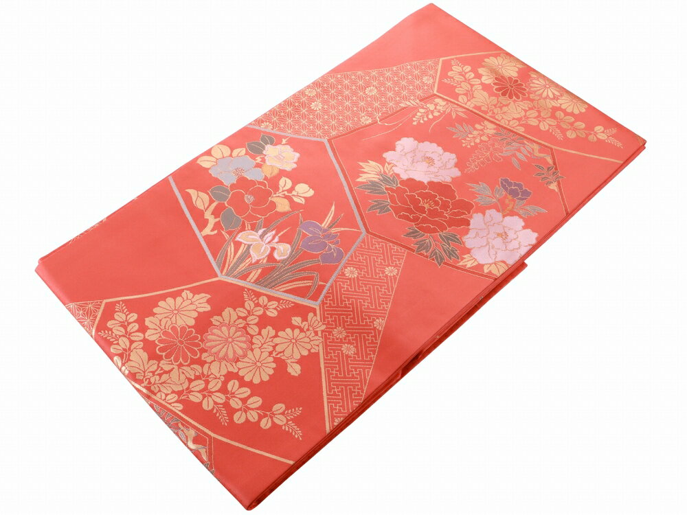 礼装用 お仕立て上がり 正絹 西陣織 証紙付き 名古屋帯 六通柄 朱赤 nk-313-19【cp】